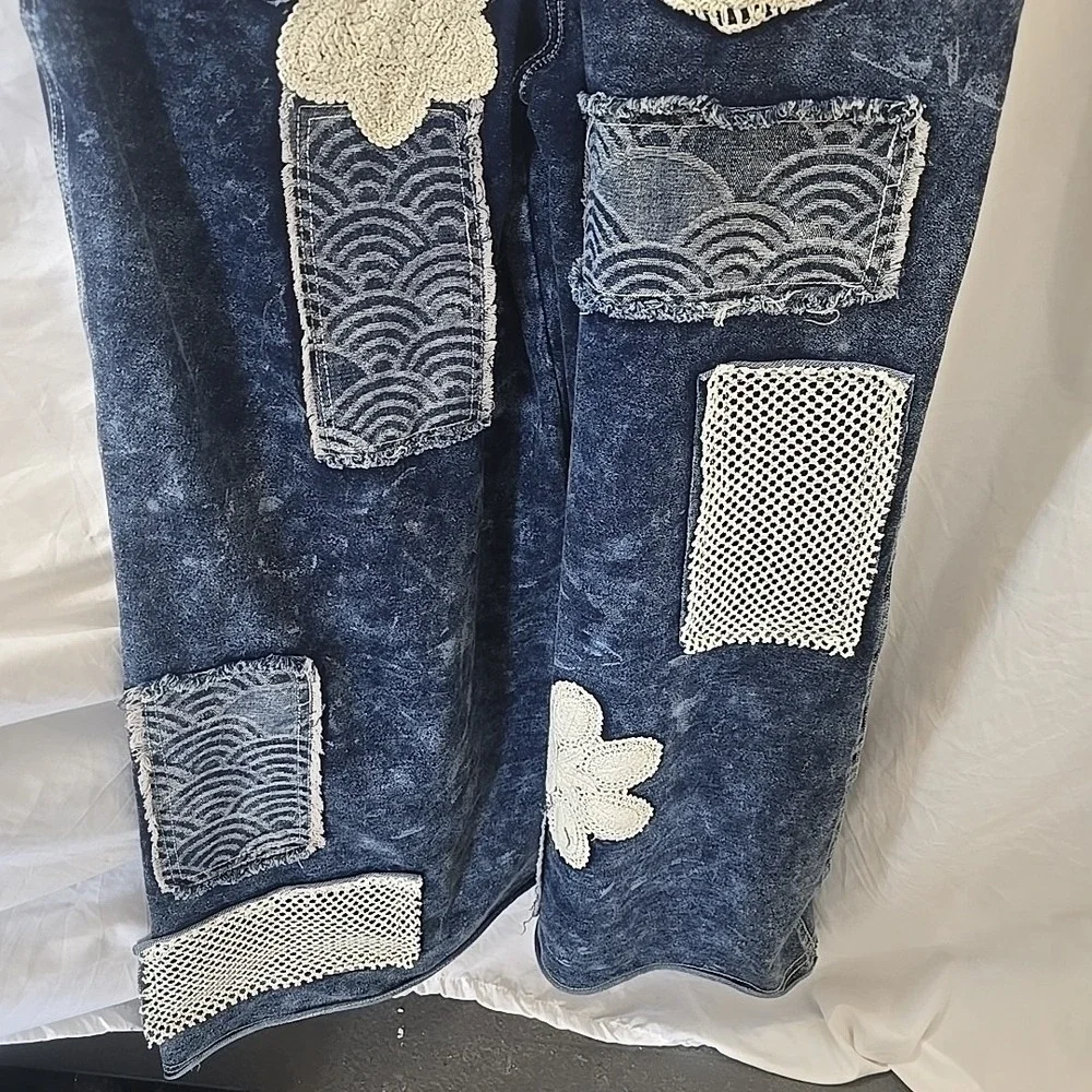 POL Denim Dark Wash Overalls Wide Leg Crochet Patchwork Size S NWT Boho - Picture 11 of 16